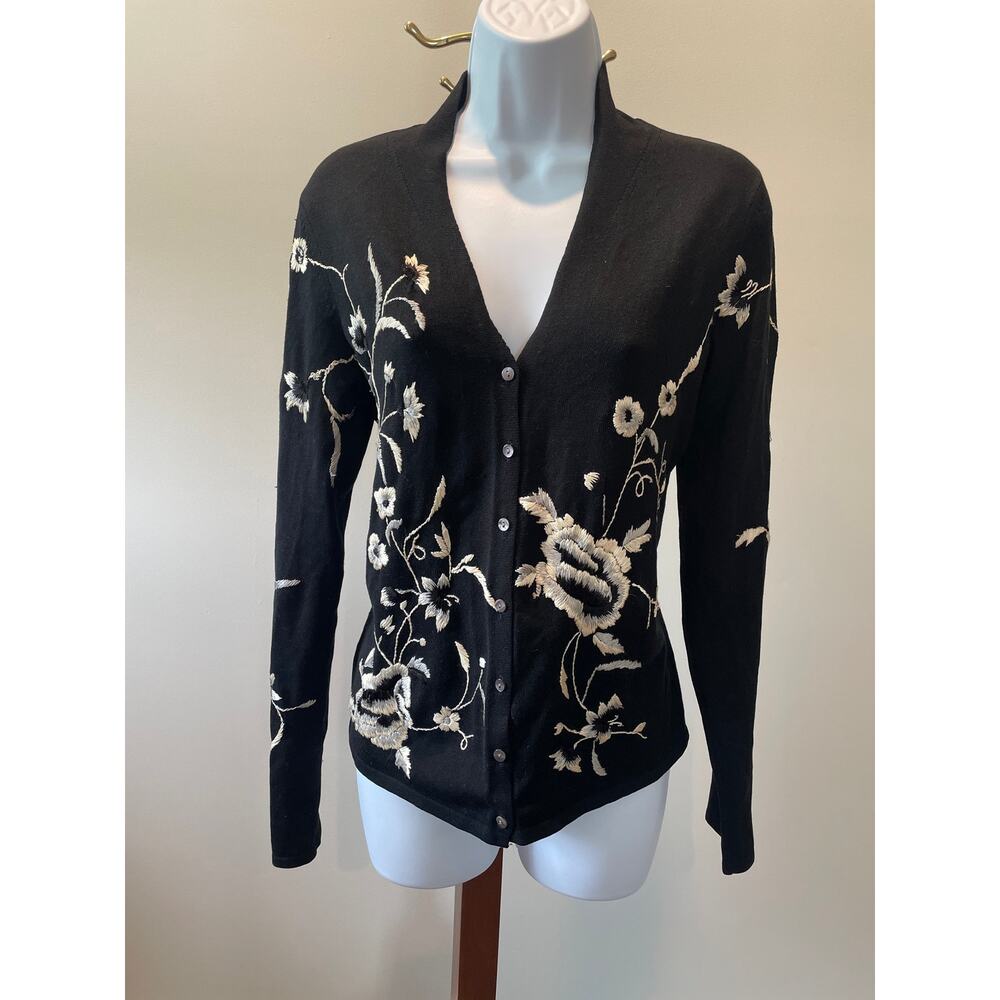 Ann Taylor Size M Black SilkCardigan with Beige Embroidered Floral Design